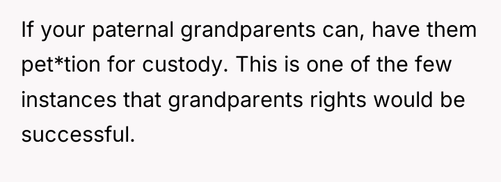 If your paternal grandparents can, have them pet*tion for custody....