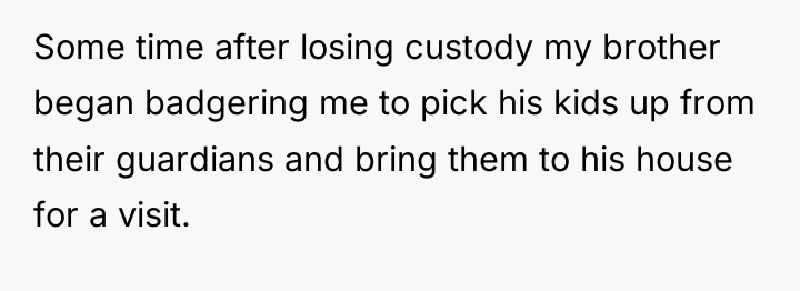 Some time after losing custody my brother began badgering me...