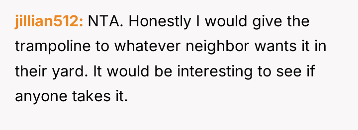 jillian512 NTA. Honestly I would give the trampoline to whatever...