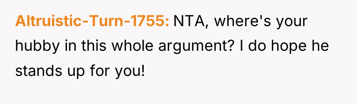 Altruistic-Turn-1755 NTA, where's your hubby in this whole argument? I...