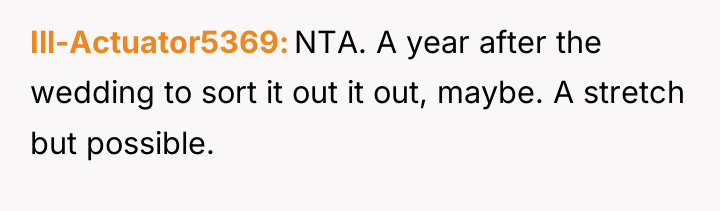 Ill-Actuator5369 NTA. A year after the wedding to sort it...