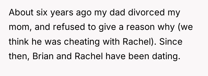About six years ago my dad divorced my mom, and...