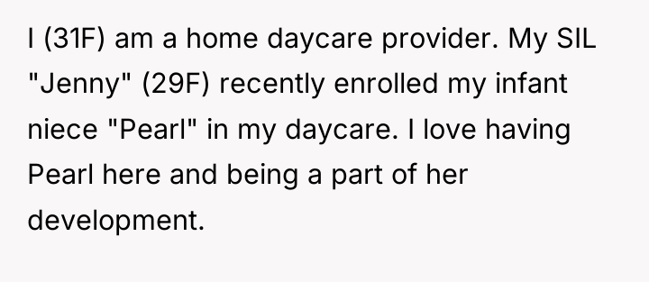 I (31F) am a home daycare provider. My SIL "Jenny"...