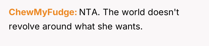ChewMyFudge NTA. The world doesn't revolve around what she wants.