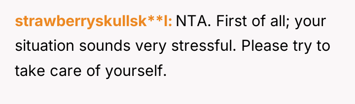 strawberryskullsk**l NTA. First of all; your situation sounds very stressful....