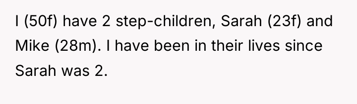I (50f) have 2 step-children, Sarah (23f) and Mike (28m)....