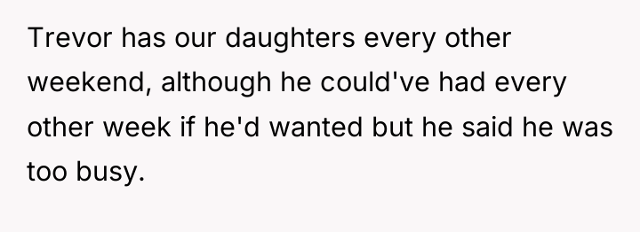 Trevor has our daughters every other weekend, although he could've...