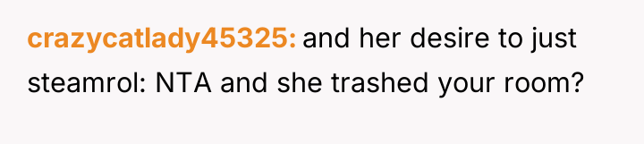 crazycatlady45325 and her desire to just steamrol: NTA and she...