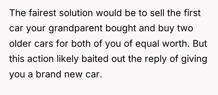 The fairest solution would be to sell the first car...