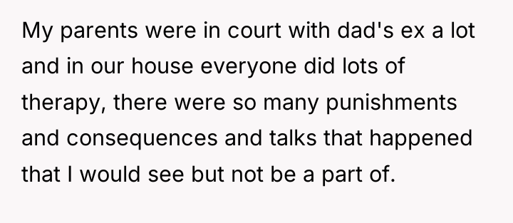 My parents were in court with dad's ex a lot...