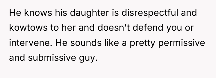 He knows his daughter is disrespectful and kowtows to her...