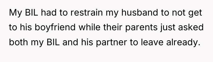 My BIL had to restrain my husband to not get...
