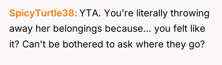 SpicyTurtle38 YTA. You're literally throwing away her belongings because... you...