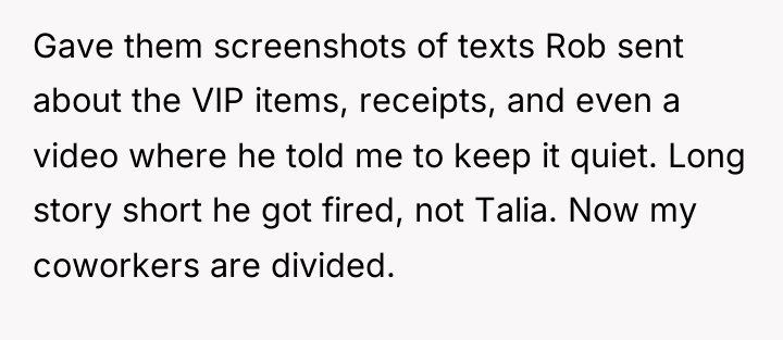 Gave them screenshots of texts Rob sent about the VIP...