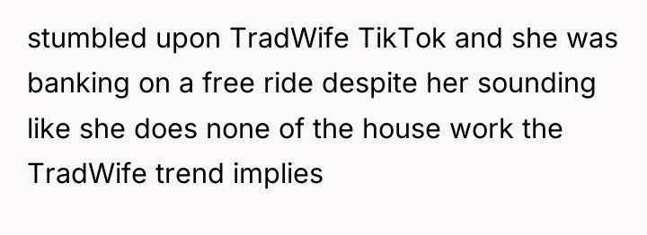 stumbled upon TradWife TikTok and she was banking on a...