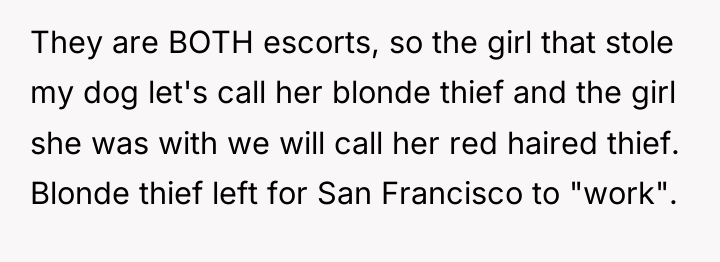 They are BOTH escorts, so the girl that stole my...