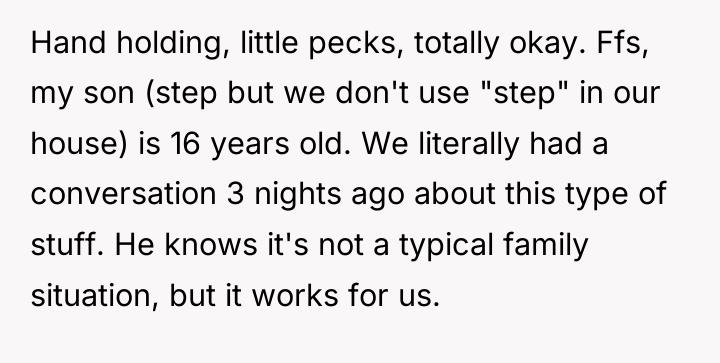 Hand holding, little pecks, totally okay. Ffs, my son (step...