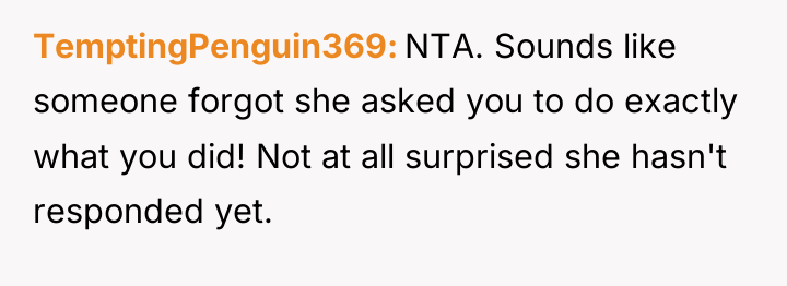 TemptingPenguin369 NTA. Sounds like someone forgot she asked you to...