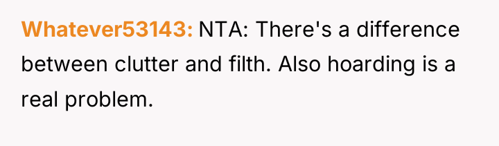 Whatever53143 NTA: There's a difference between clutter and filth. Also...