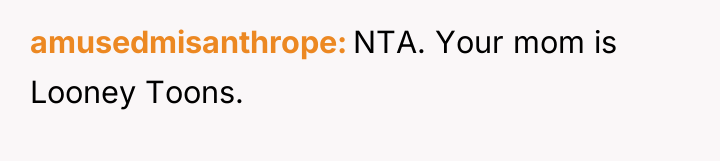 amusedmisanthrope NTA. Your mom is Looney Toons.