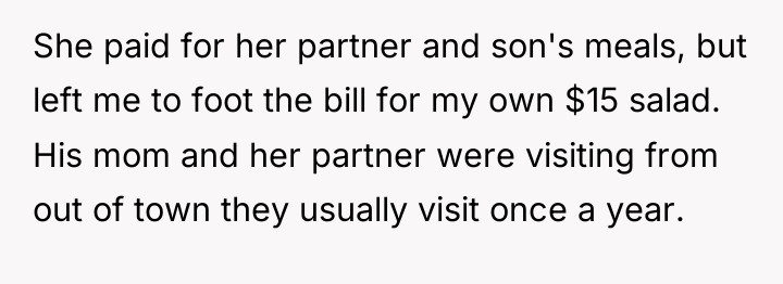She paid for her partner and son's meals, but left...