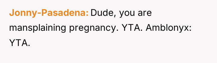 Jonny-Pasadena Dude, you are mansplaining pregnancy. YTA. Amblonyx: YTA.
