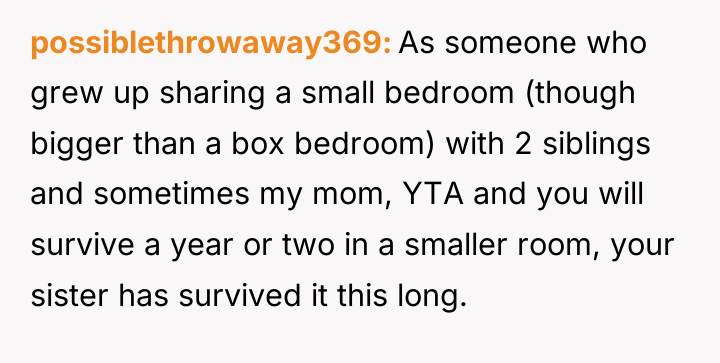 possiblethrowaway369 As someone who grew up sharing a small bedroom...