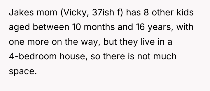 Jakes mom (Vicky, 37ish f) has 8 other kids aged...