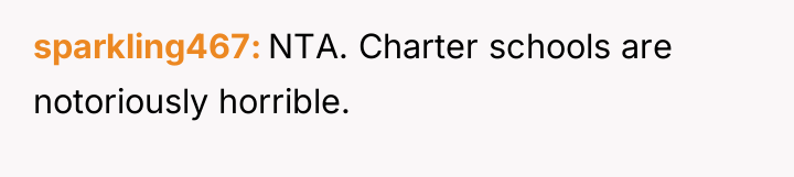 sparkling467 NTA. Charter schools are notoriously horrible.