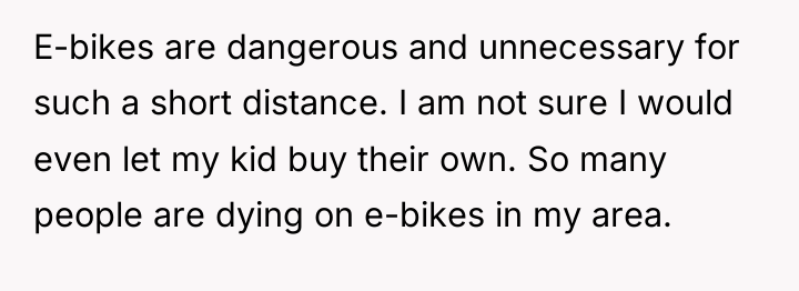 E-bikes are dangerous and unnecessary for such a short distance....