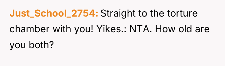 Just_School_2754 Straight to the torture chamber with you! Yikes.: NTA....
