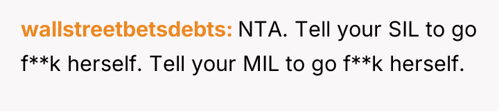 wallstreetbetsdebts NTA. Tell your SIL to go f**k herself. Tell...