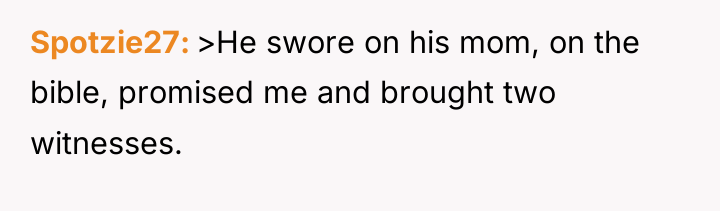 Spotzie27 >He swore on his mom, on the bible, promised...
