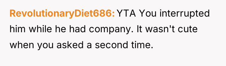 RevolutionaryDiet686 YTA You interrupted him while he had company. It...