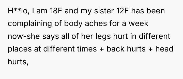 H**lo, I am 18F and my sister 12F has been...
