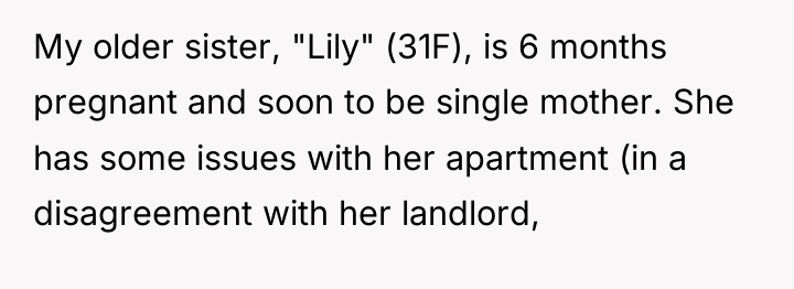 My older sister, "Lily" (31F), is 6 months pregnant and...