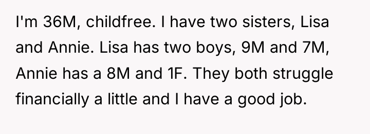 I'm 36M, childfree. I have two sisters, Lisa and Annie....