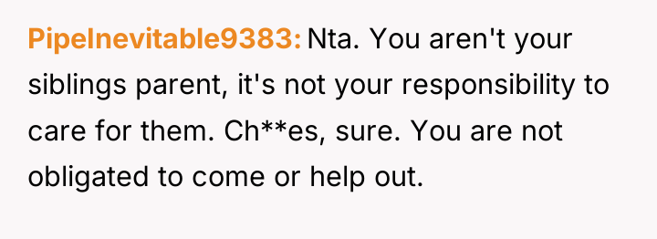 PipeInevitable9383 Nta. You aren't your siblings parent, it's not your...