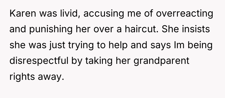 Karen was livid, accusing me of overreacting and punishing her...