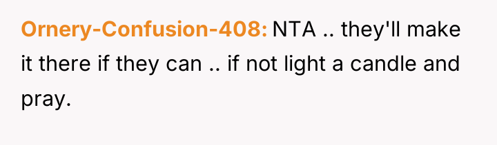 Ornery-Confusion-408 NTA .. they'll make it there if they can...