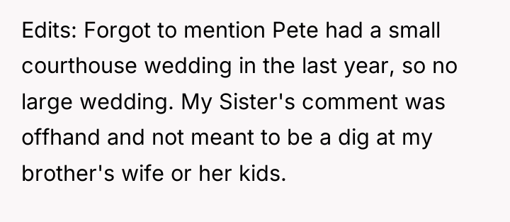 Edits: Forgot to mention Pete had a small courthouse wedding...
