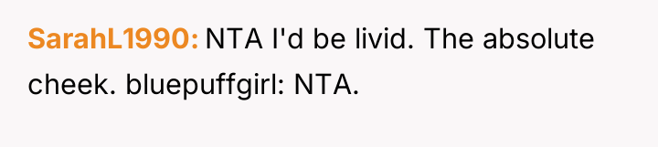 SarahL1990 NTA I'd be livid. The absolute cheek. bluepuffgirl: NTA.