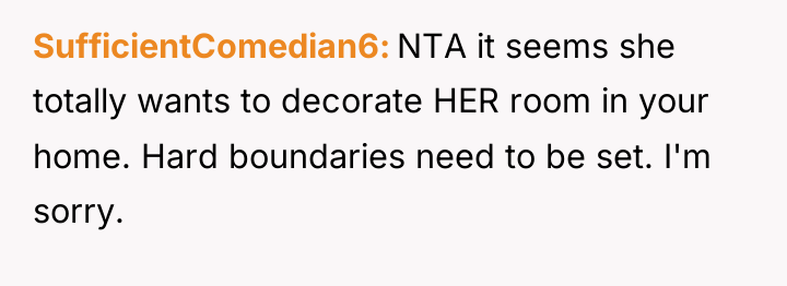 SufficientComedian6 NTA it seems she totally wants to decorate HER...