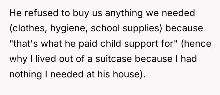 He refused to buy us anything we needed (clothes, hygiene,...
