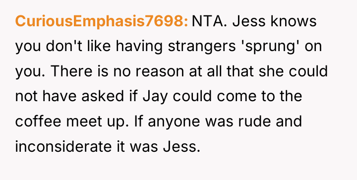 CuriousEmphasis7698 NTA. Jess knows you don't like having strangers 'sprung'...