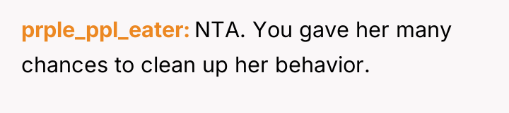 prple_ppl_eater NTA. You gave her many chances to clean up...