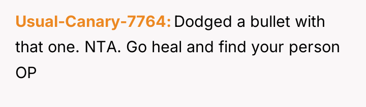 Usual-Canary-7764 Dodged a bullet with that one. NTA. Go heal...