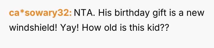 ca*sowary32 NTA. His birthday gift is a new windshield! Yay!...