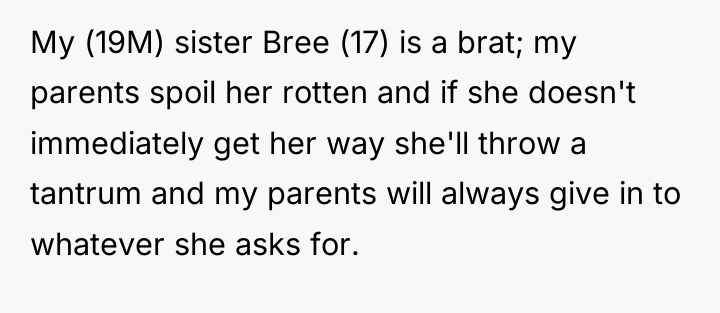 My (19M) sister Bree (17) is a brat; my parents...
