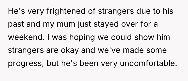 He's very frightened of strangers due to his past and...